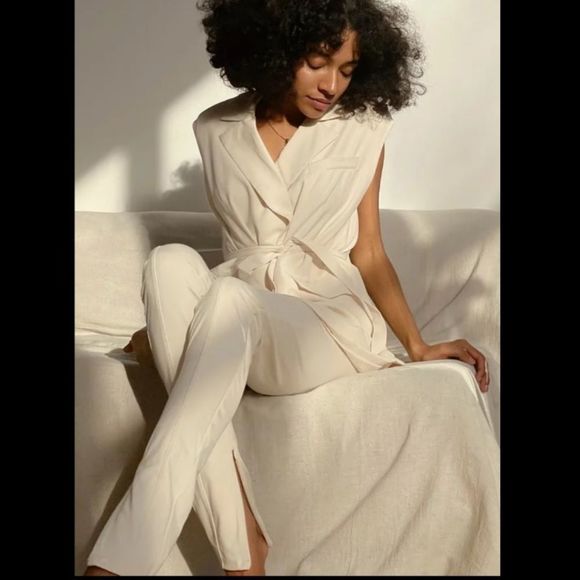 OPEN EDIT Split Hem Knit Pants In Ivory Birch creme pull on zip ankle medium - Picture 1 of 7